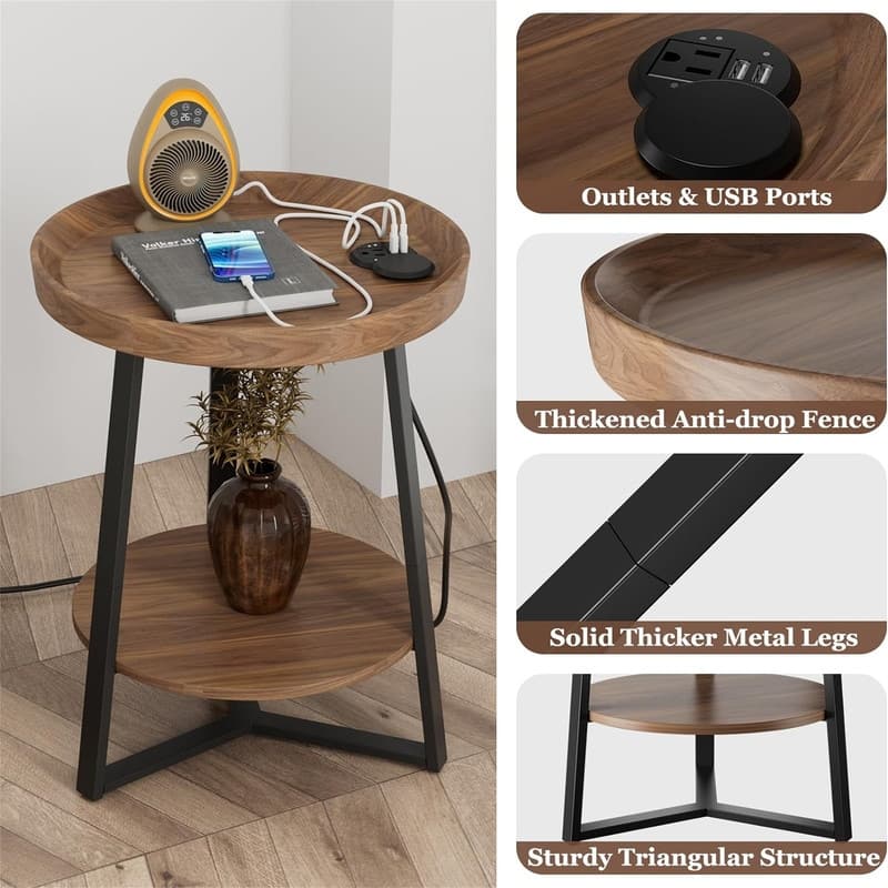 End Table with Charging Station - 15.7"D x 15.7"W x 23.6"H