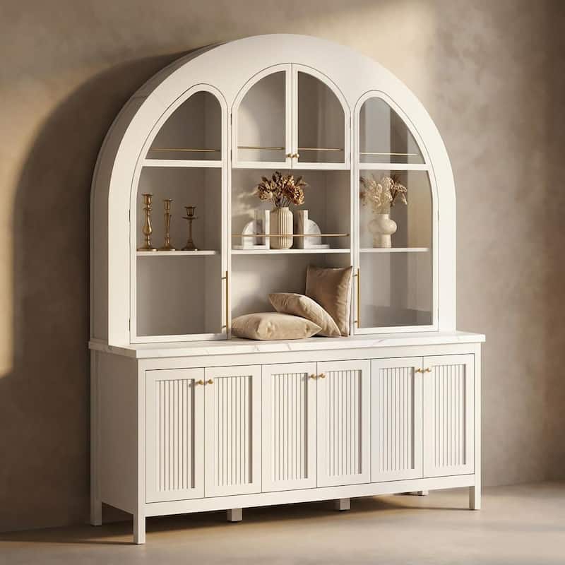 63" Arched Display Cabinet with LED Lights, Modern Buffet Sideboard with Glass Doors, Large Storage Credenza Bookshelves