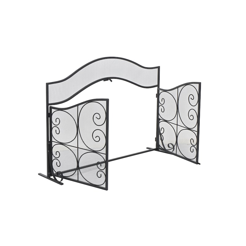 Metal Scroll Arched 1 Panel 2 Door Fireplace Screen with Mesh Backing - Black - Roche River Decor