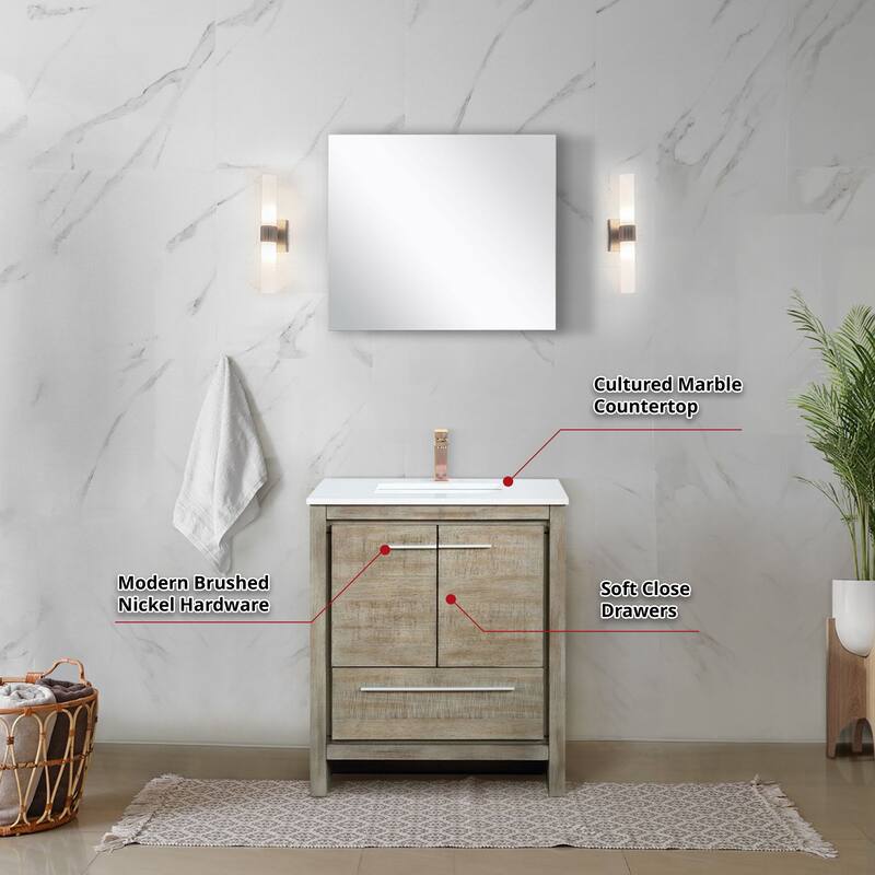 Lafarre Bath Vanity with Cultured Marble Top, Sink, Mirror and Rose Gold Faucet