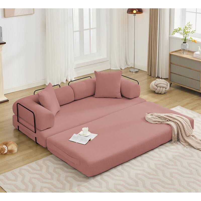 Folding Couch Convertible into King Size Floor Bed, 4-in-1 Corduroy Sleeper Sofa Bed with Moved Armrests and Non-Slip Pad