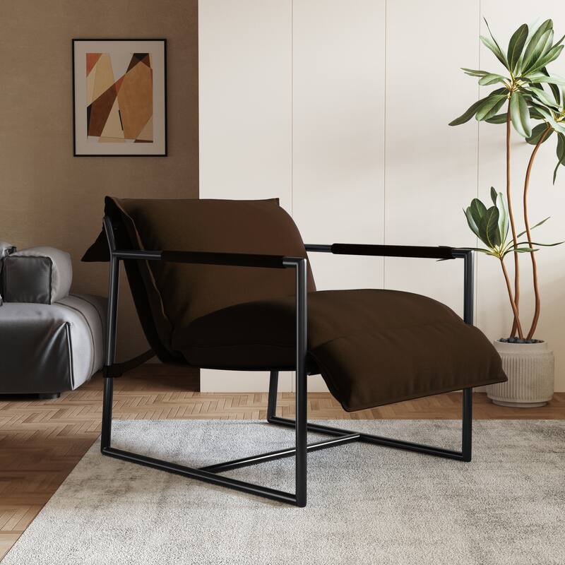 Mid-century Metal Sling Upholstered Armchair with Lengthen Upholstered