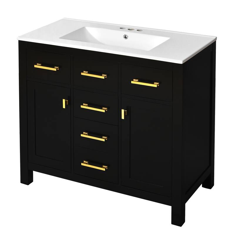 36'' Storage Cabinet for Bathroom Vanity with Ceramic Sink, 4 Drawers, 2 Cabinets and Gold Metal Handles, Freestanding Cabinet