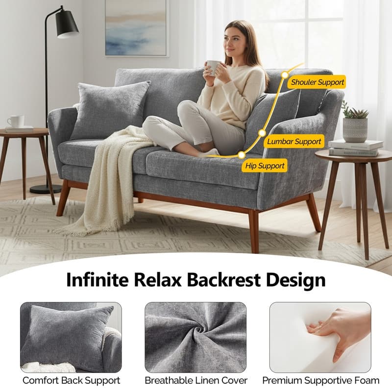 Linen Blend Mid-Century Modern Small Spaces Loveseat Two-Seater Sofa With Solid Wood Base