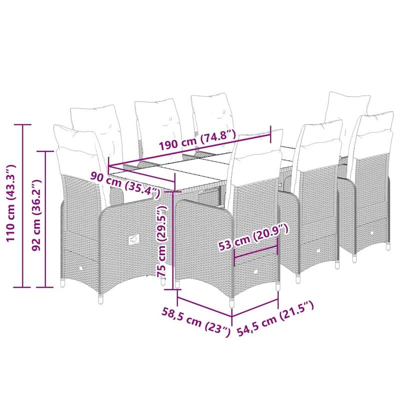 vidaXL Bistro Set Grey PE rattan 6-seater Removable Covers - 23.0 x 21.5 x 36.2 in