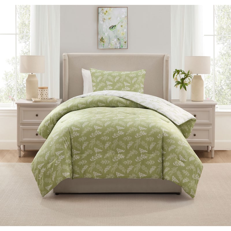 Empyrean 3PC Reversible Botanical Printed Comforter Bedding Set - Sage Green - Twin