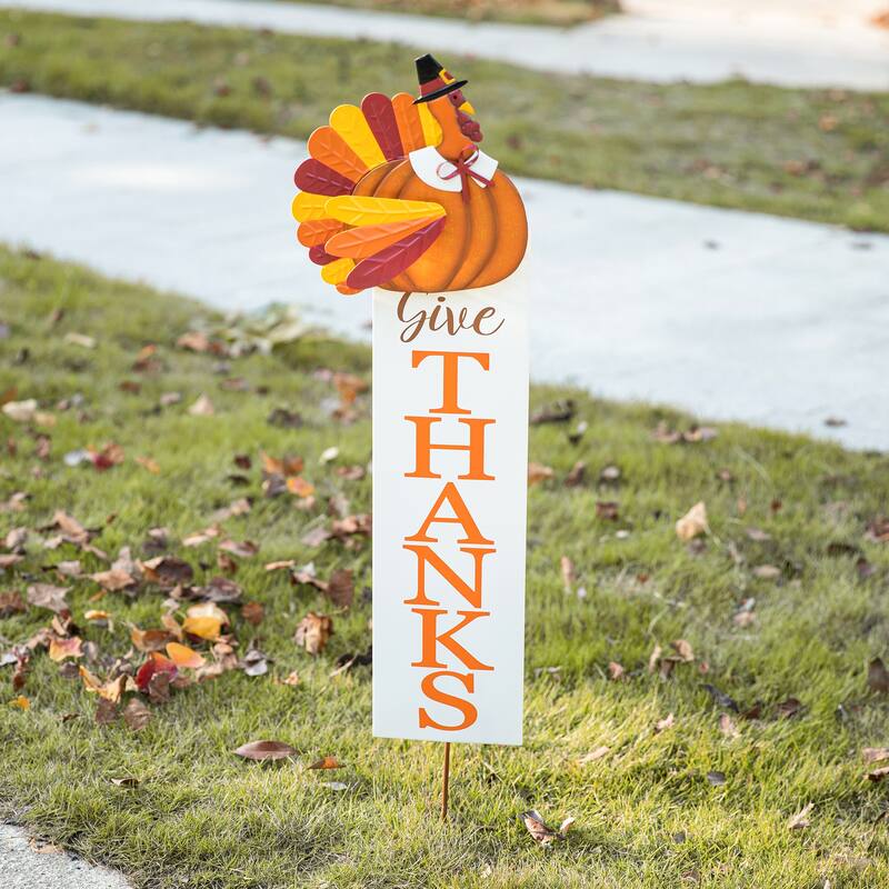 Glitzhome Fall Thanksgiving Metal Turkey Pumpkins Yard Stake
