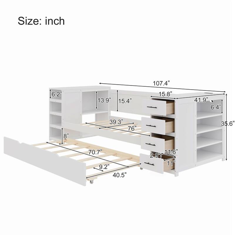 Twin Size Daybed with Side Shelves & Drawers, Storage Bed Frame with Charging Station, Drawer or Trundle Design Optional