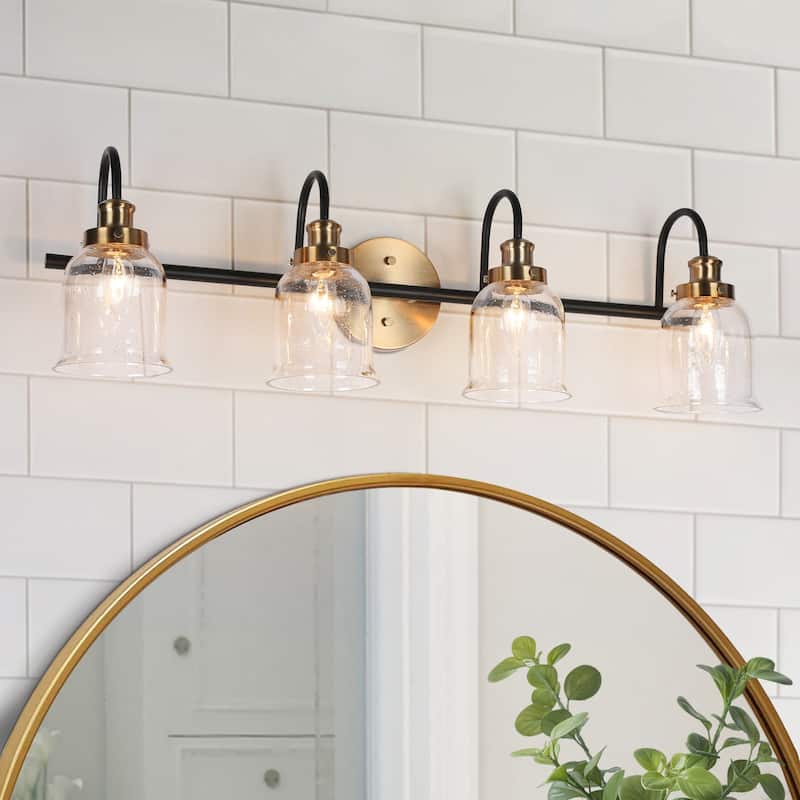 Kesa Modern 4-Light Black Gold Linear Bathroom Vanity Light Seeded Glass Wall Sconces