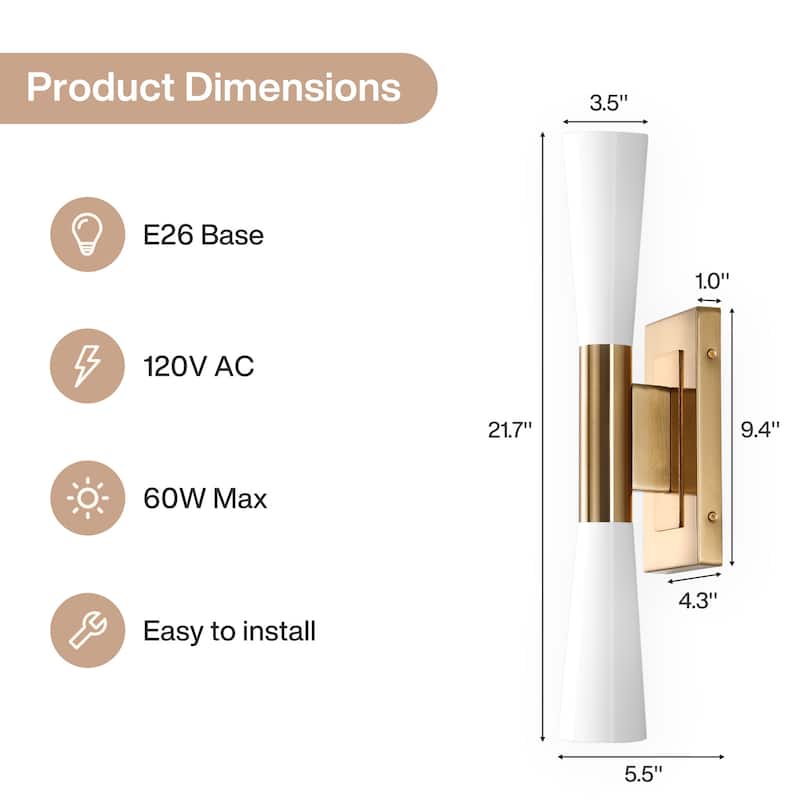 21.7-Inch Modern Gold Wall Sconce with Acid-etched Glass Shades, Up and Down Lighting - 4.3'' W × 5.5'' D × 21.7'' H