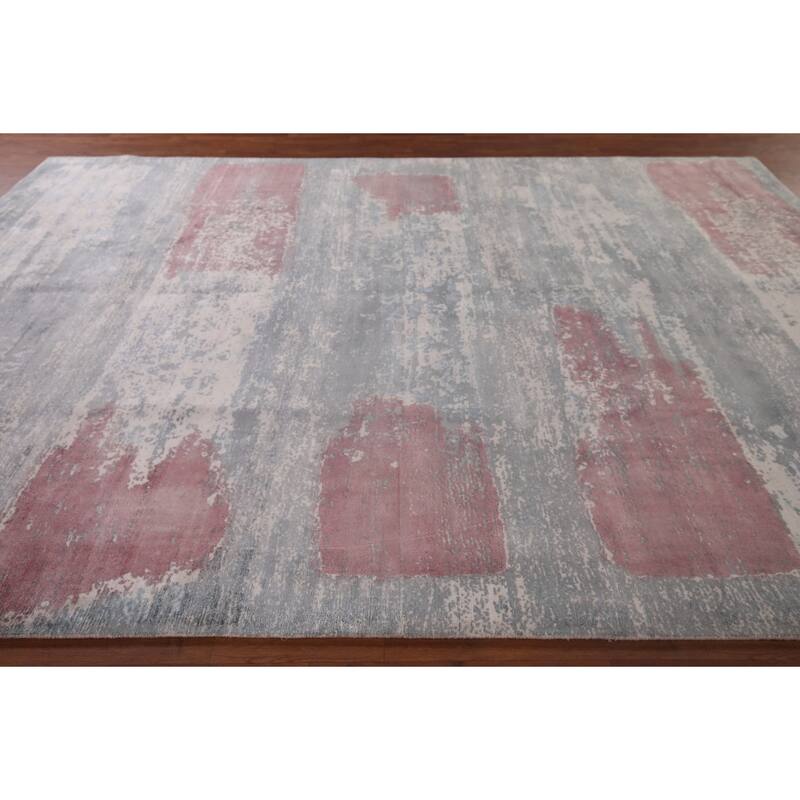 Gray Abstract Indian Area Rug Hand-Knotted Wool Carpet - 8'11"x 11'11"