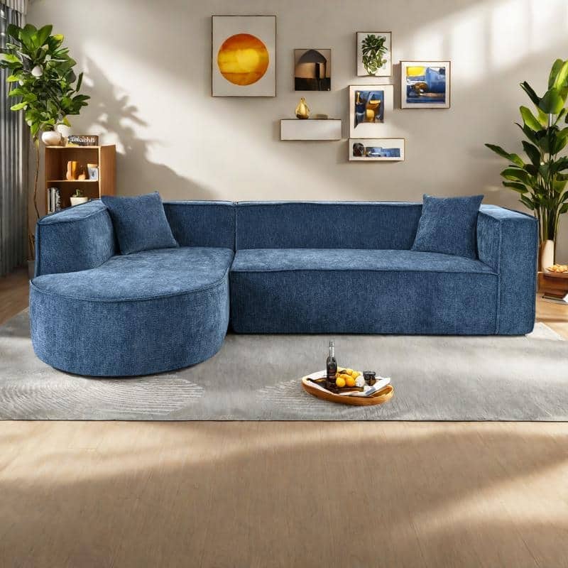 109.2" Chenille L-Shaped Sectional Sofa with 3 Seater and Throw Pillows - Blue
