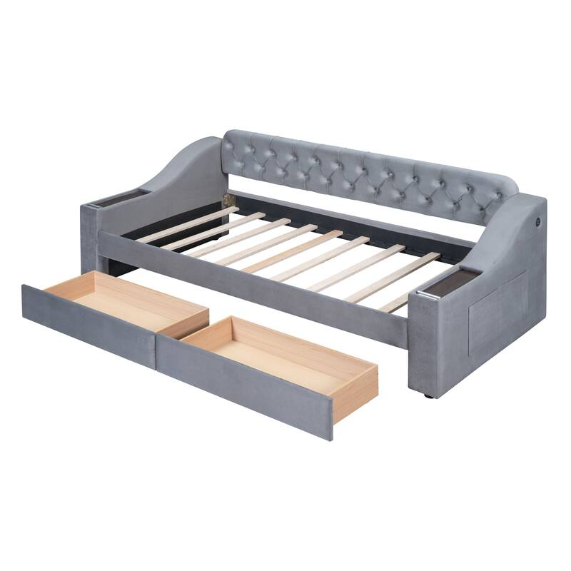 Button Tufted Backrest Daybed, Velvet Upholstered Panel Bed Frame with Storage Armrests, USB Ports on Both Sides