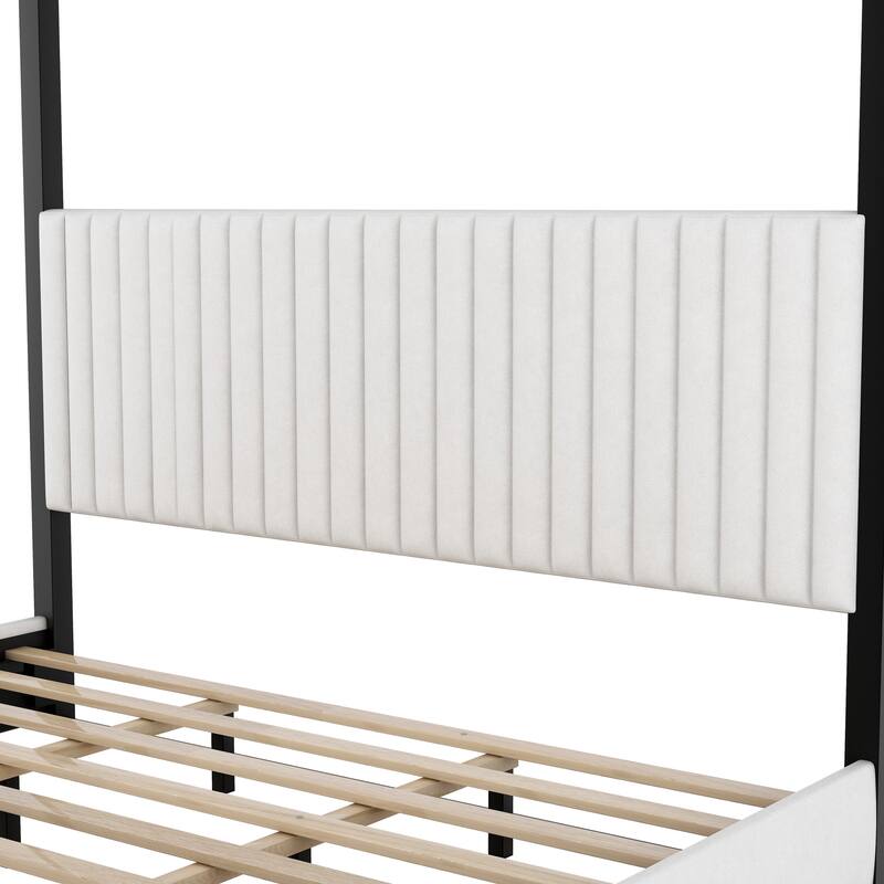 Canopy Bed, Low Profile Platform Bed with Striped Upholstered Headboard Wingback Bed Metal Four Poster Bed Frame, Grounded Bed