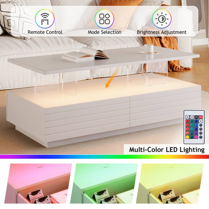 Modern White Rectangular LED Lights Coffee Table with 2 Drawers