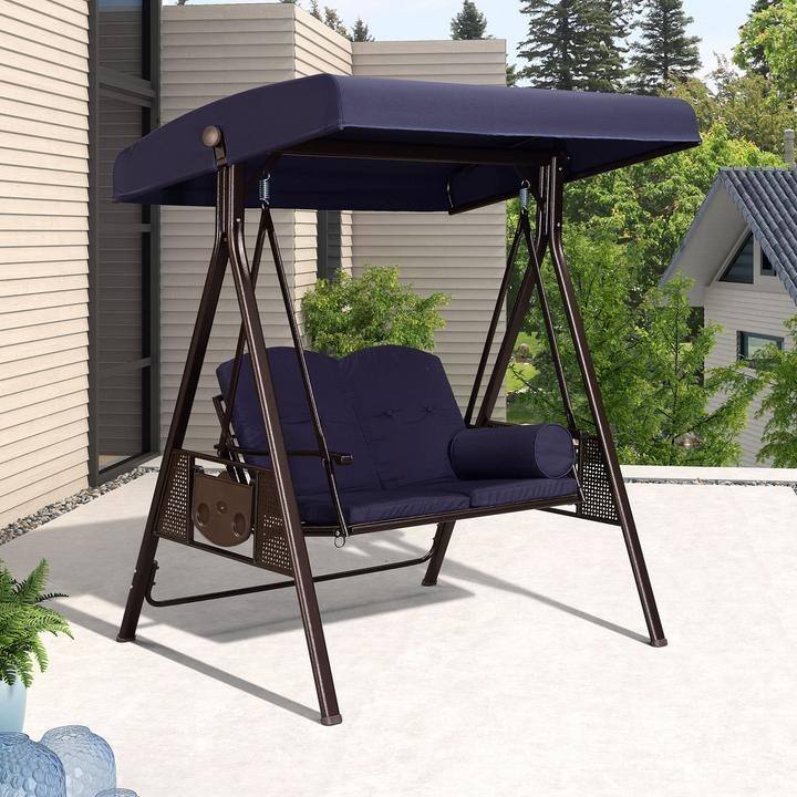 PURPLE LEAF Outdoor Patio Porch Swing with Canopy and Side Tables