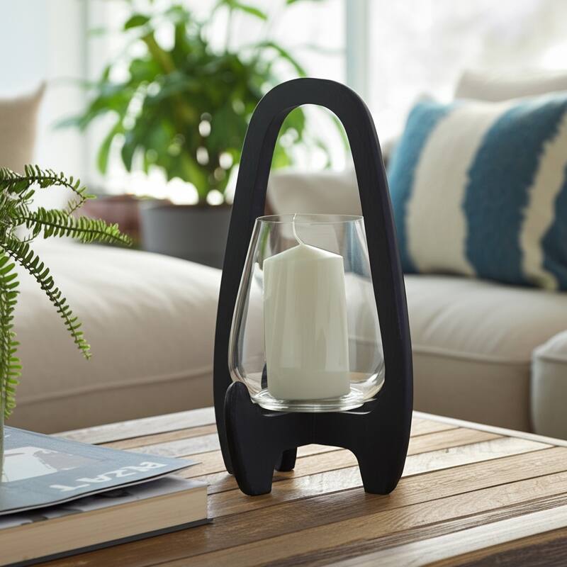 Glass Hurricane Lantern with Wood Handle - Black, 15 in. - 15.0"