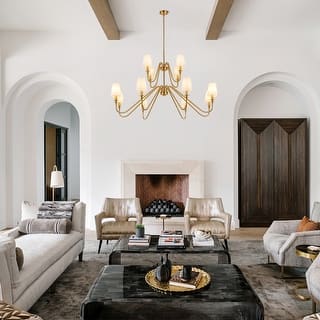 Bella 12-Light 2- Tier Classic Modern Black & Gold Finish Chandelier With Beige Fabric Stay-Straight Shades