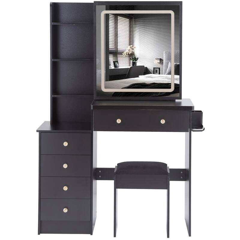 Vanity Table with Control LED Sliding Mirror, Dressing Table Set with USB Power Station, Makeup Stool with Hair Dryer Stand