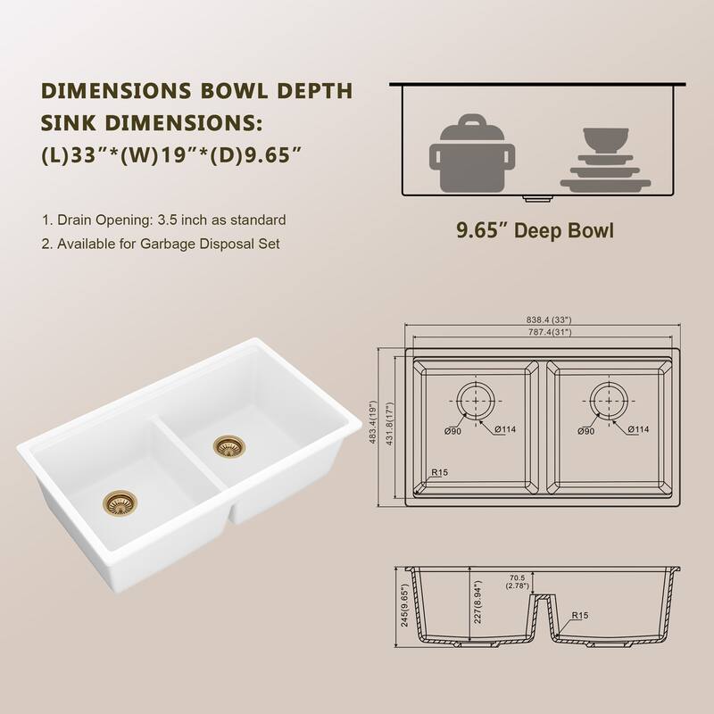 Lordear 33" Kitchen Sink Double Bowl Undermount Workstation Low Divider Quartz Composite Sink with Accessories