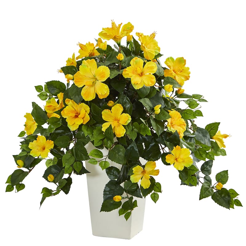 2.5' Yellow Artificial Hibiscus Plant in White Tower Planter