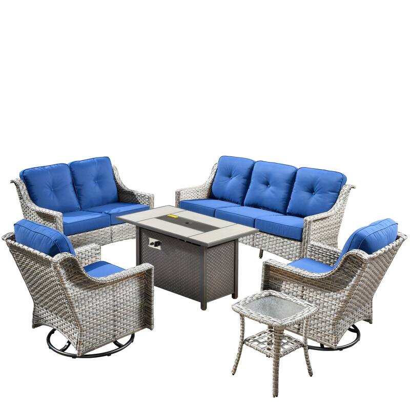 OVIOS 6 Pieces Outdoor Wicker Curved Swivel Chair Set With Fire Table