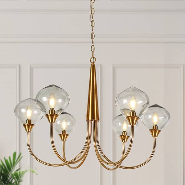 slide 2 of 16, Celesn Modern Gold 6-Light Wheel Chandelier Glass Shade for Dining Living Room - D32" x H23"
