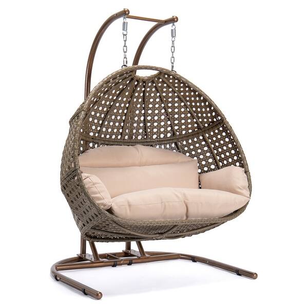 slide 2 of 6, Wicker Hanging Double-Seat Swing Chair with Stand and Cushion Brown