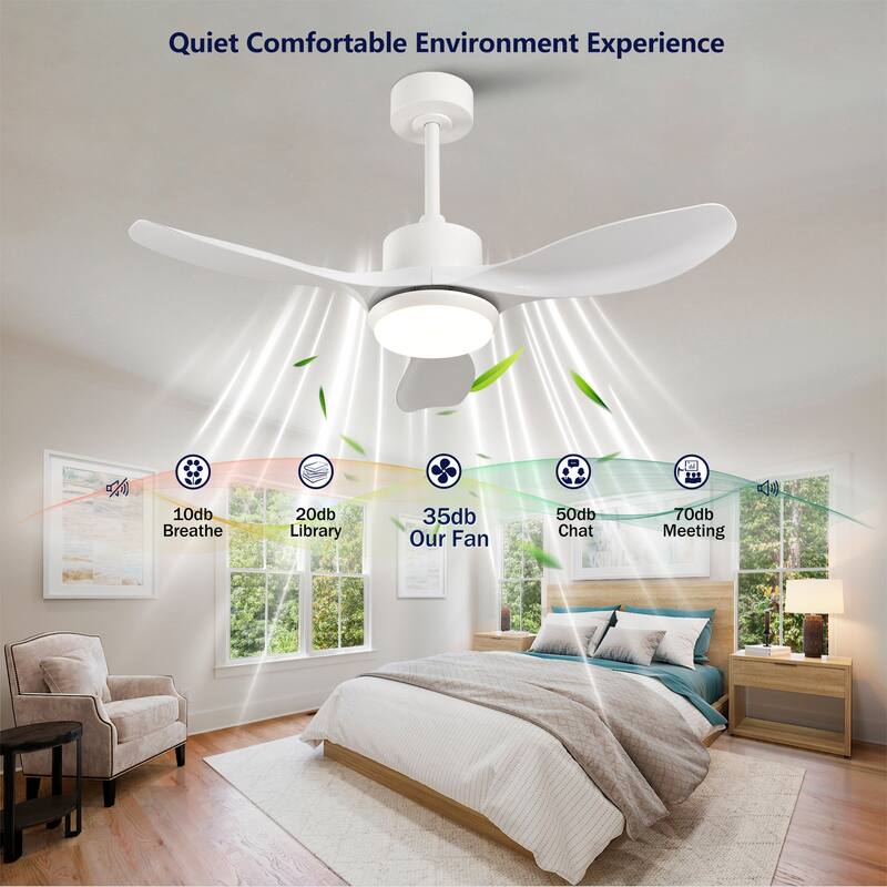 42-Inch Modern White Ceiling Fan With Light, Featuring 3 ABS Plastic Blades, Remote Control Operation - White Marble