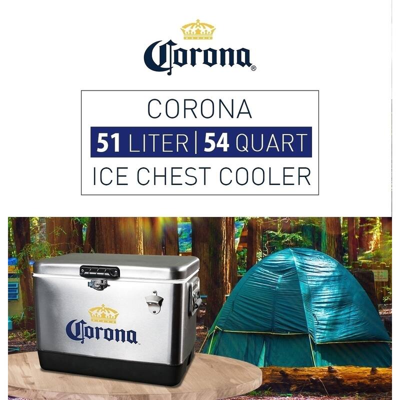 Corona Ice Chest Beverage Cooler with Bottle Opener, 51L (54 qt), 85 Can Capacity, Silver and Black