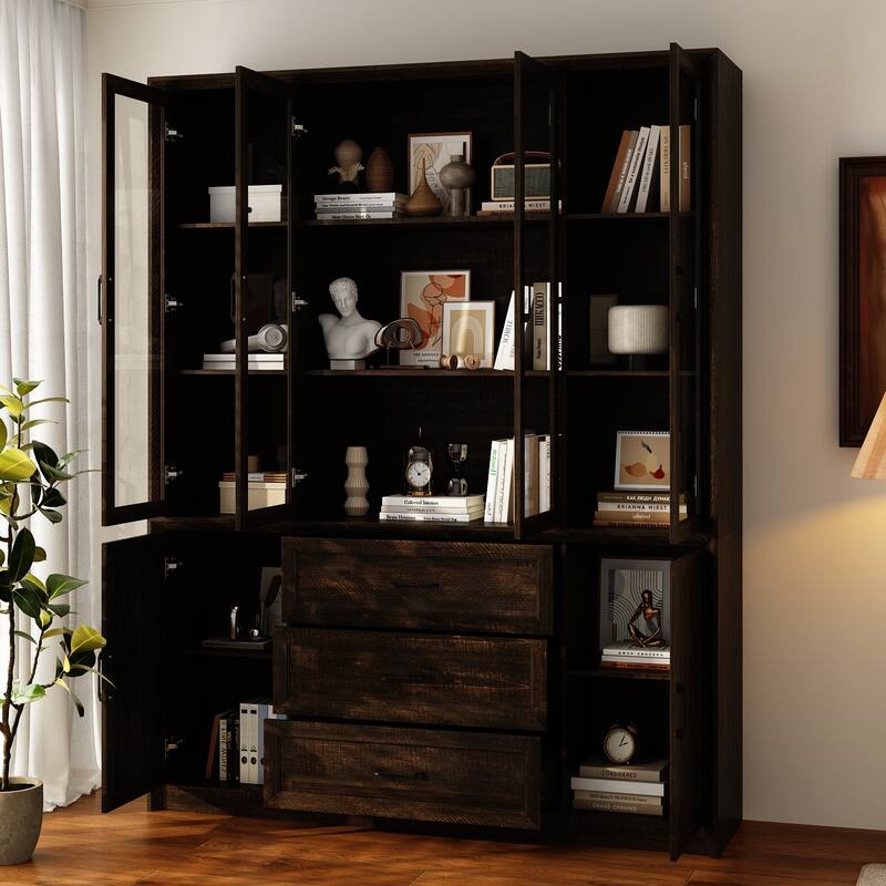 79.6" Tall Glass Display Cabinet, 6-Tier Bookshelf with Drawers Bookcae Panrty