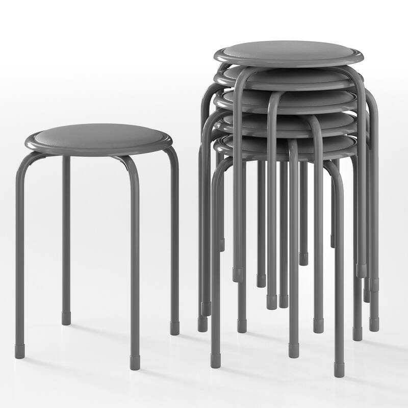 VECELO 6-Pack Stacking Stools for Living Room Backless Round Stools Set Indoor Outdoor Use with Metal Frame & Non-Slip Feet - Grey