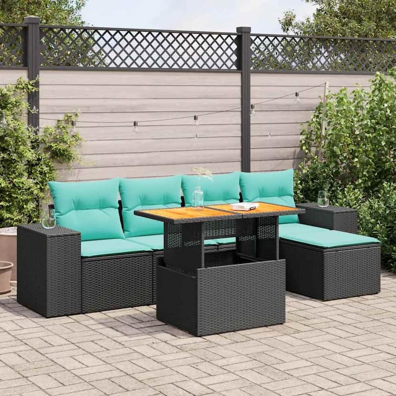 vidaXL Patio Sofa Set with Cushions Outdoor Furniture 6 Piece Poly Rattan - Black-with storage - 21.7 x 24.4 x 27.2