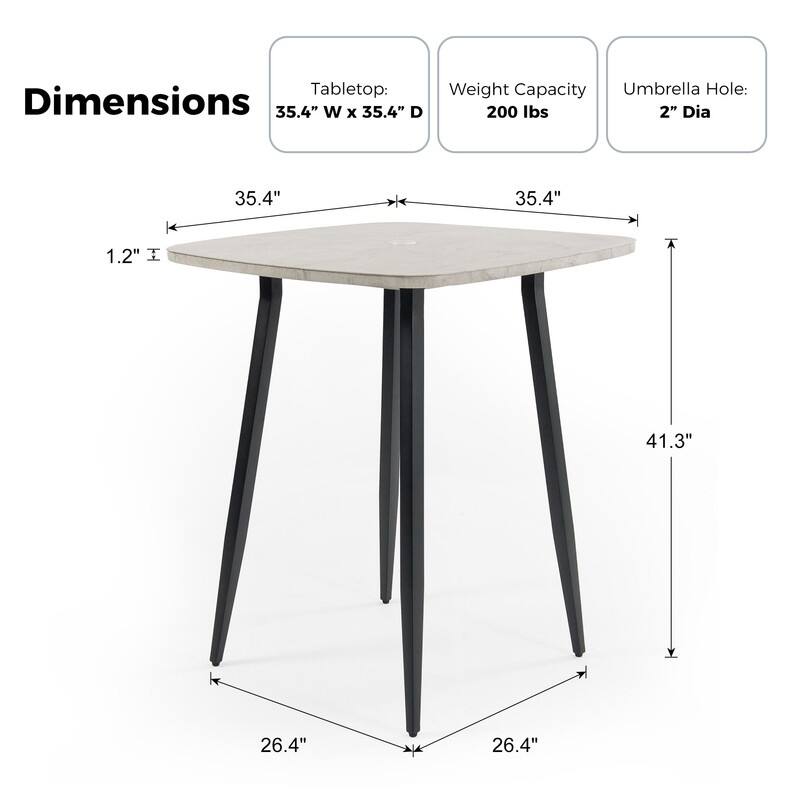 Marble-Look Square Aluminum Bar Dining Table with Umbrella Hole for Indoor and Outdoor Use