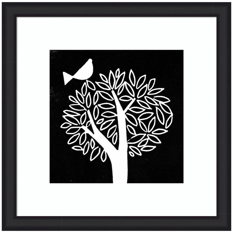 Kate and Laurel Framed Art Black and White Bird Tree Linocut by Giuliana Lazzerini Lazzerini - 27x27 - Black