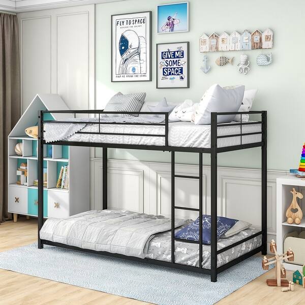 slide 2 of 8, Twin over Twin Metal Bunk Bed with Upper-level Guardrail & Stepped Tube, Heavy Duty Space-Saving Design, Easy Assembly, Black