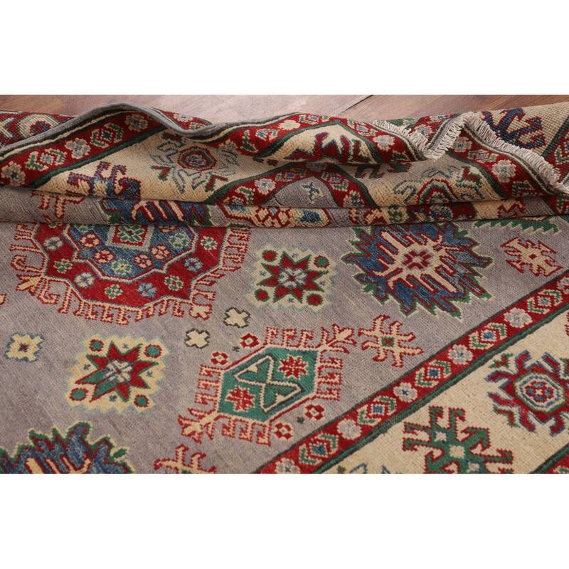 Grey Geometric Kazak Oriental Area Rug Handmade Wool Carpet - 5'1" x 6'9"
