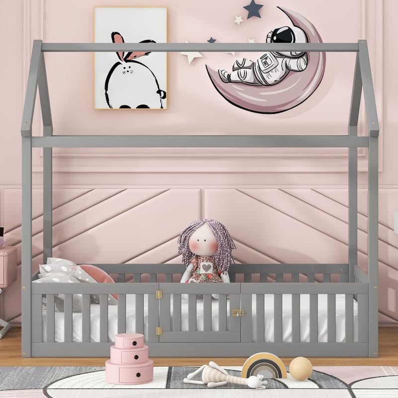 Twin House Platform Bed with Roof, Fence and Door, Distressed Washed Finish, Imaginative Bed for Kids' Playrooms