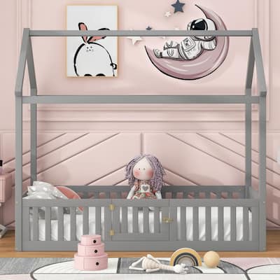 Wood House Bed without Slats, House Shaped Floor Bed Frame with Fence and Door, Solid Pine Kids Playhouse Bed with Roof