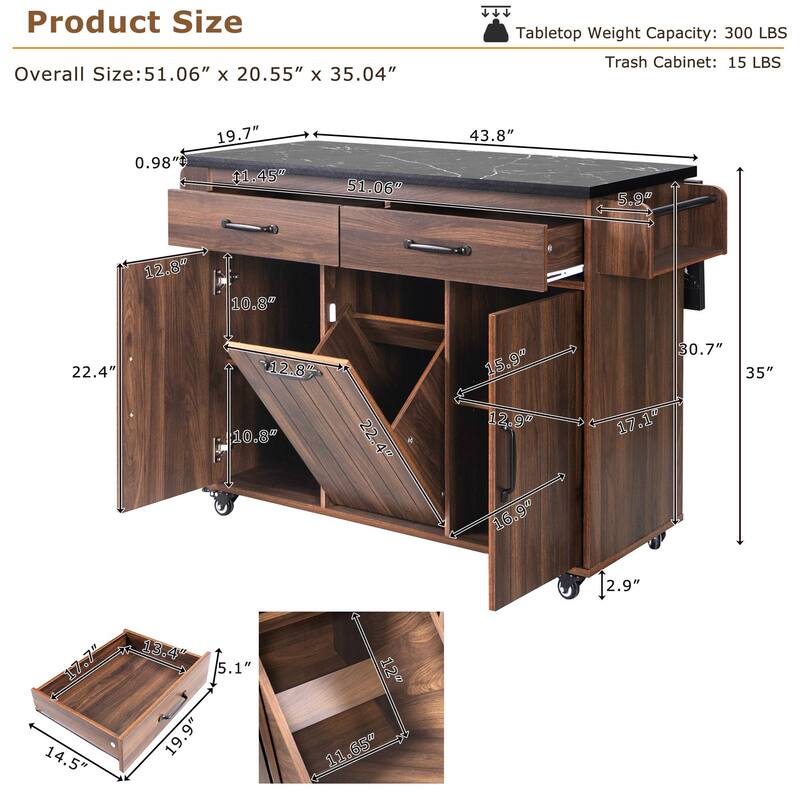 Kitchen Island w/Trash Storage, Drop Leaf, Spice & Towel Racks, Drawer, Adjustable Shelf & Wheels
