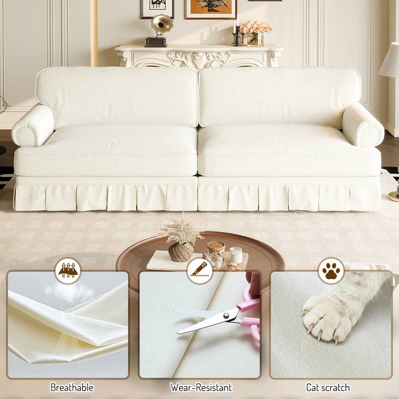 74" Luxury 3 Seater Cloud Couch with Deep Seat, Fabric Sofa with Rolled Arms and Pleated Skirt for Apartment