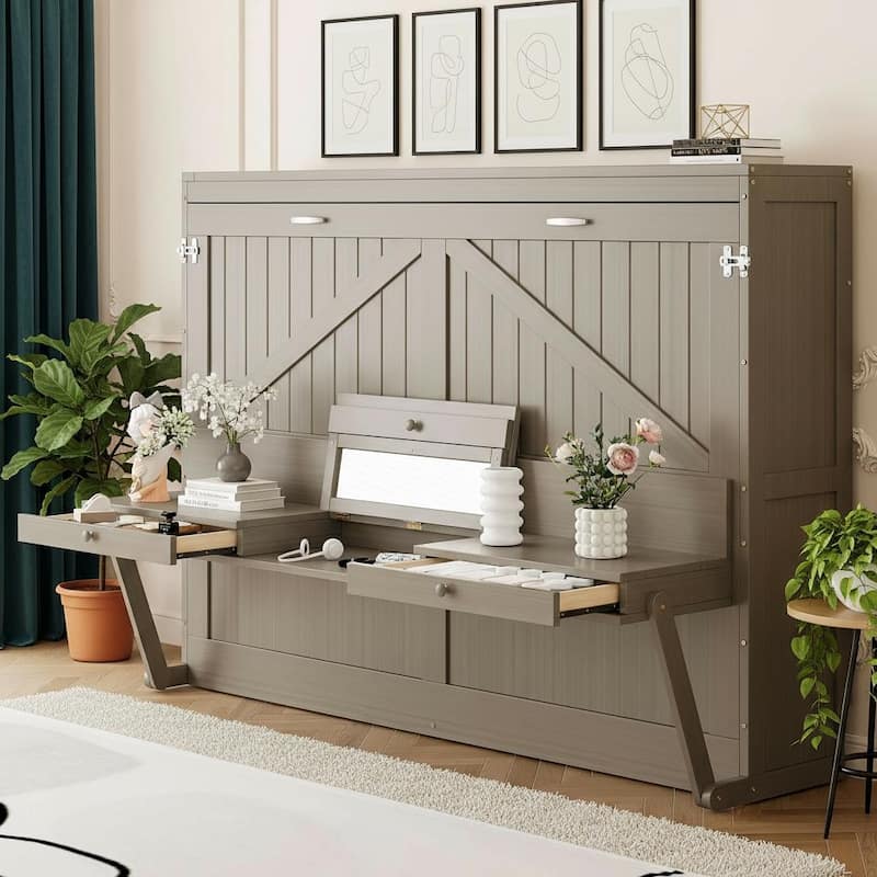 Queen Wall Murphy Bed with Flip-Down Vanity Desk by Harper&Bright Designs - Grey