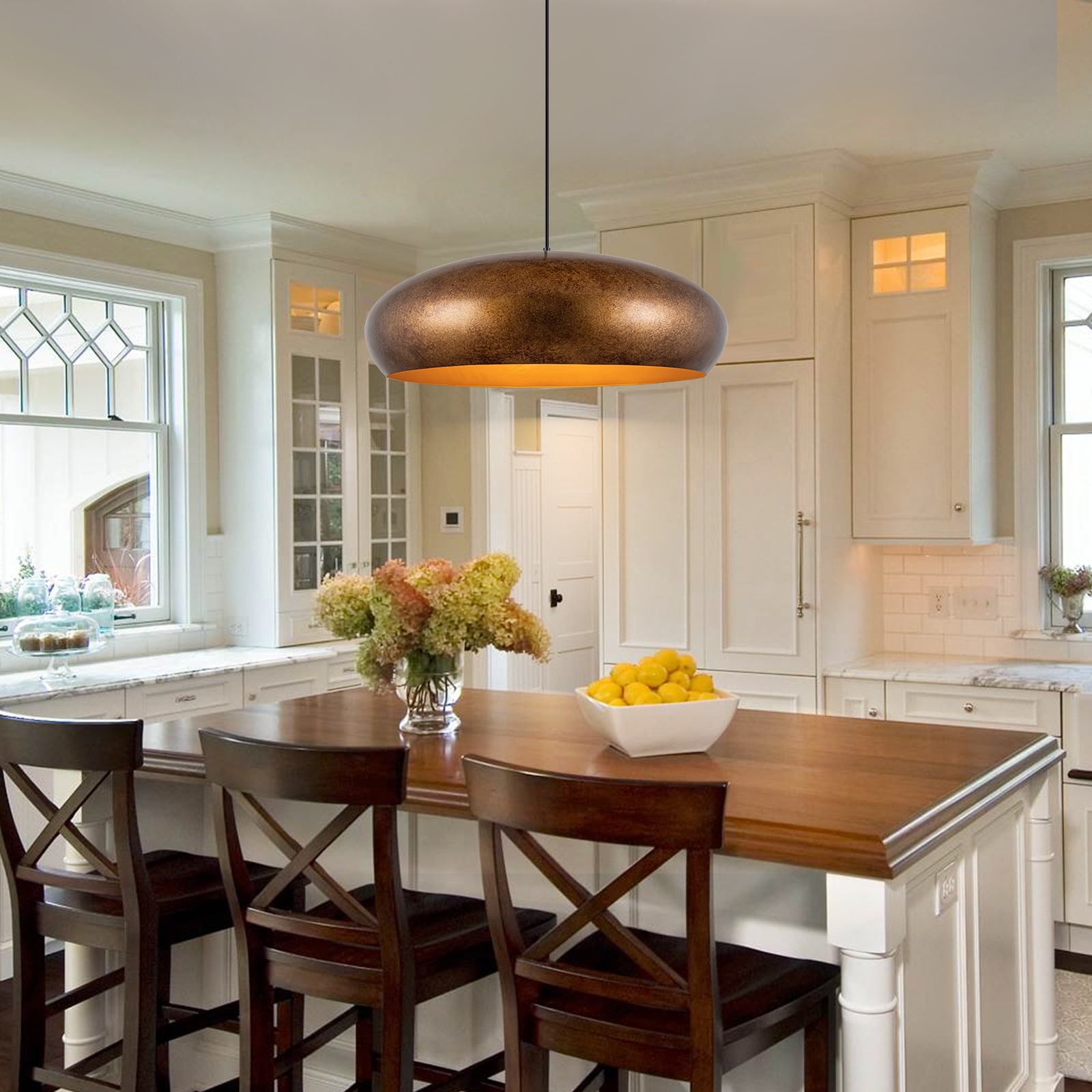 6 Light Industrial Farmhouse Antique Gold Bowl Oversized Dome Pendant Light Kitchen Island Lighting W 25.59