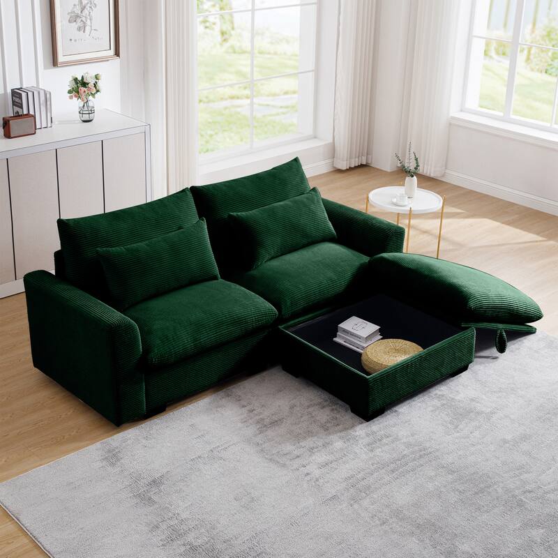 Multifunctional Loveseat Set with Storage Ottoman, Modern Sectional Sofa Corduroy Upholstered Couch with Pillows - Green
