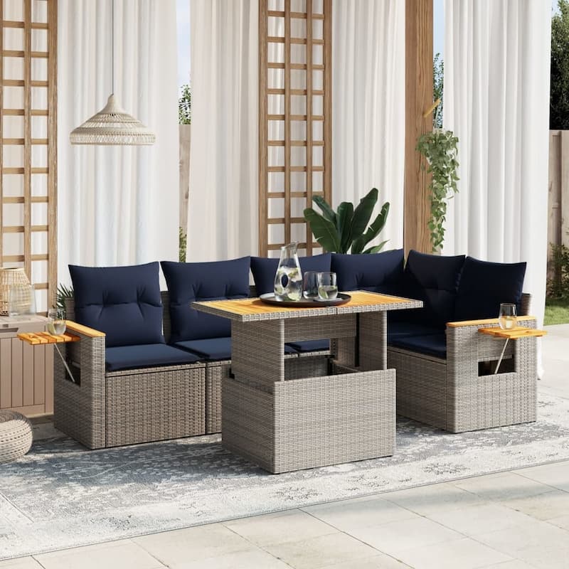 vidaXL Patio Sofa Set with Cushions Outdoor Furniture 6 Piece Poly Rattan - 21.7 x 24.4 x 27.2 - Grey