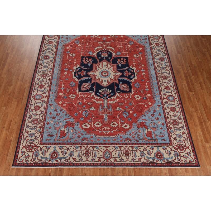 Red/ Ivory/ Blue Heriz Serapi Turkish Area Rug Handmade Wool Carpet - 9'0" x 12'0"