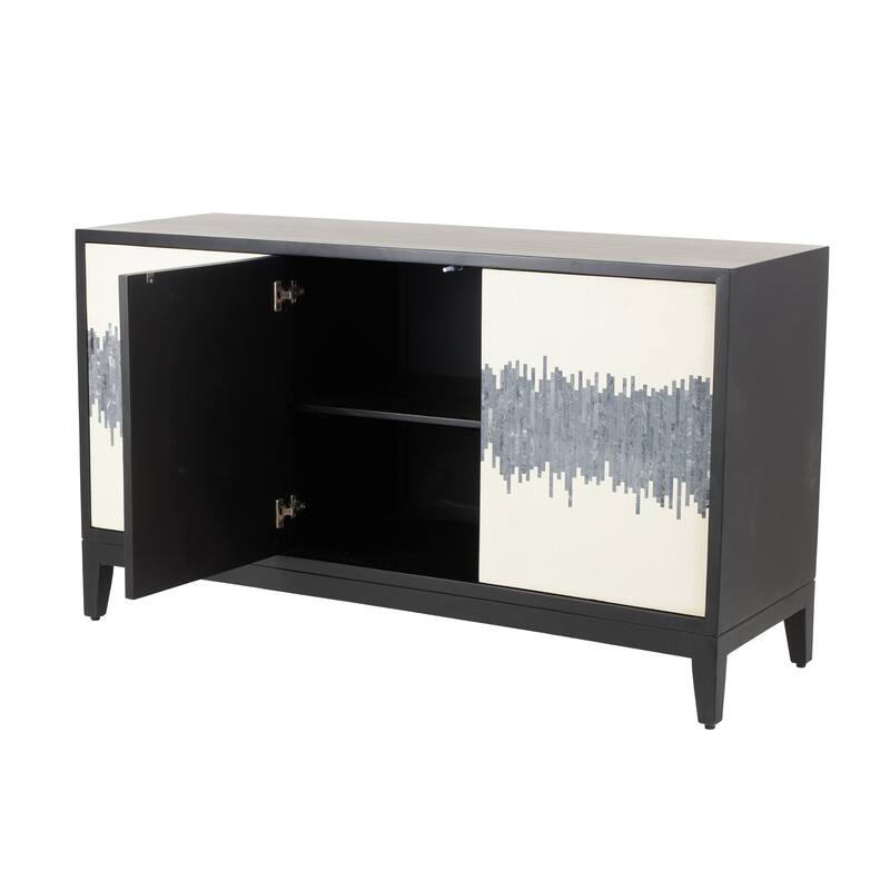 Brown or Black Mango Wood 3 Door and 3 Shelf Abstract Media Credenza Sideboard with White Front and Striped Pattern