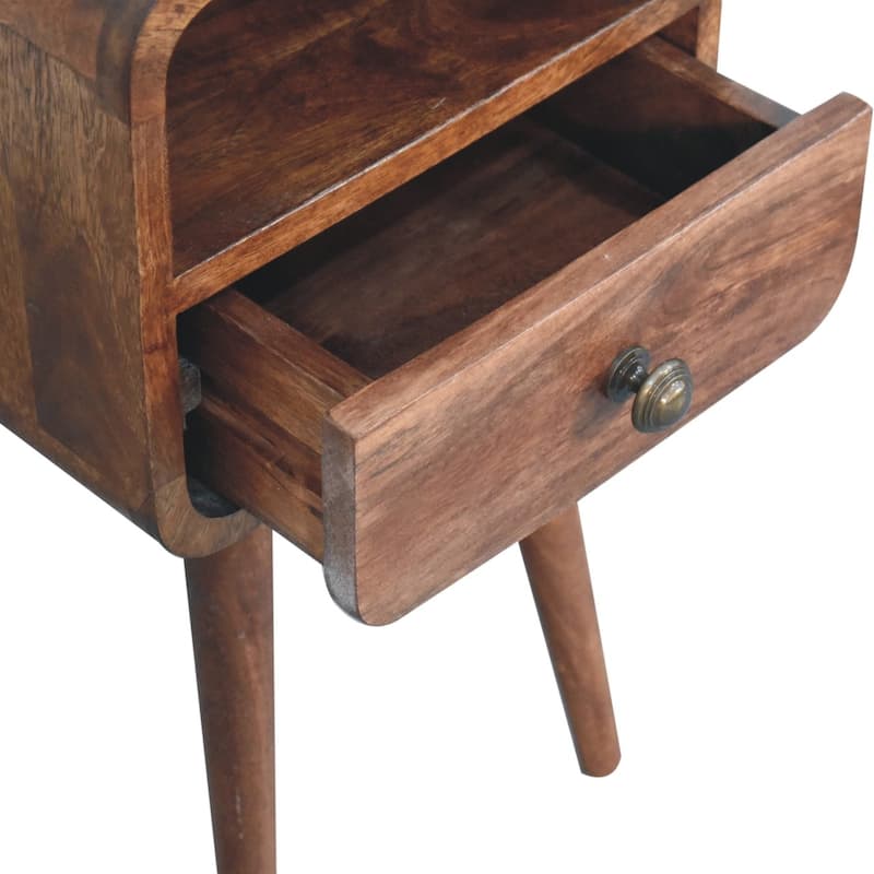 Artisan Furniture Solid Wood Mini Honey Caramel Curved Bedside with Open Slot, Brown with 1 Drawer