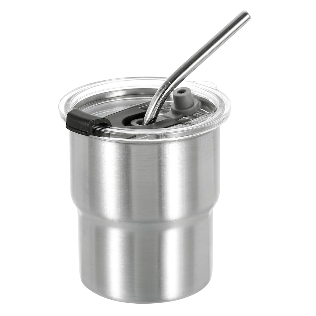 304 Stainless Steel Cups with Straws and Lids, 10oz Double Wall Water Glasses - Silver