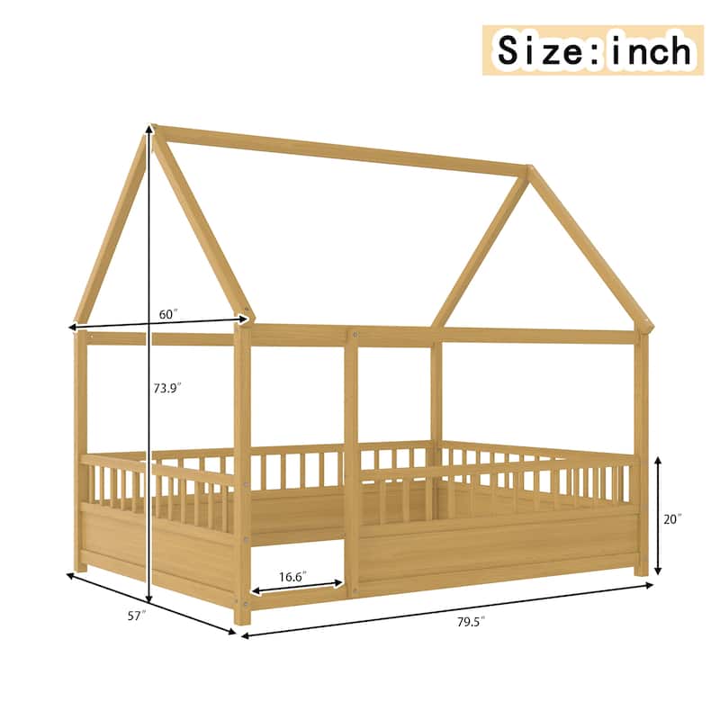 Full Size Floor Wooden Bed With House Roof Frame, Fence Guardrails